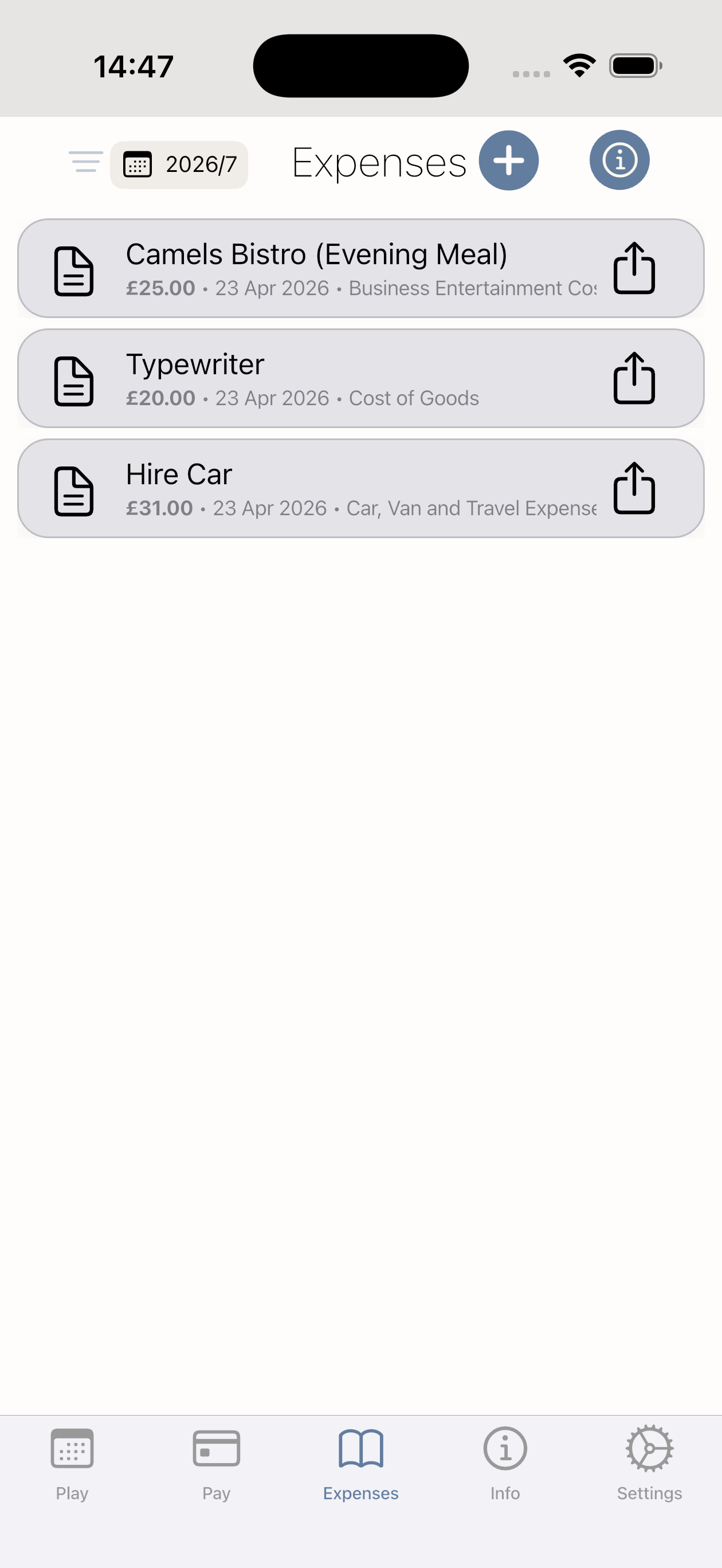 Expenses tab screenshot showing expense capture and categorisation in PlayPay.