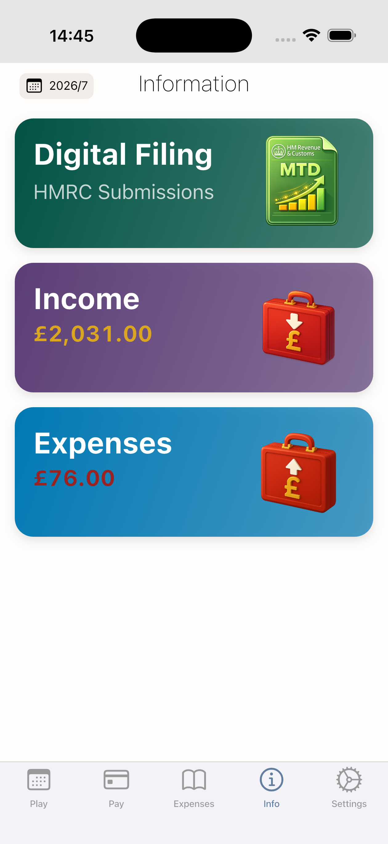 Info tab screenshot showing HMRC deadlines, submissions, and business information in PlayPay.