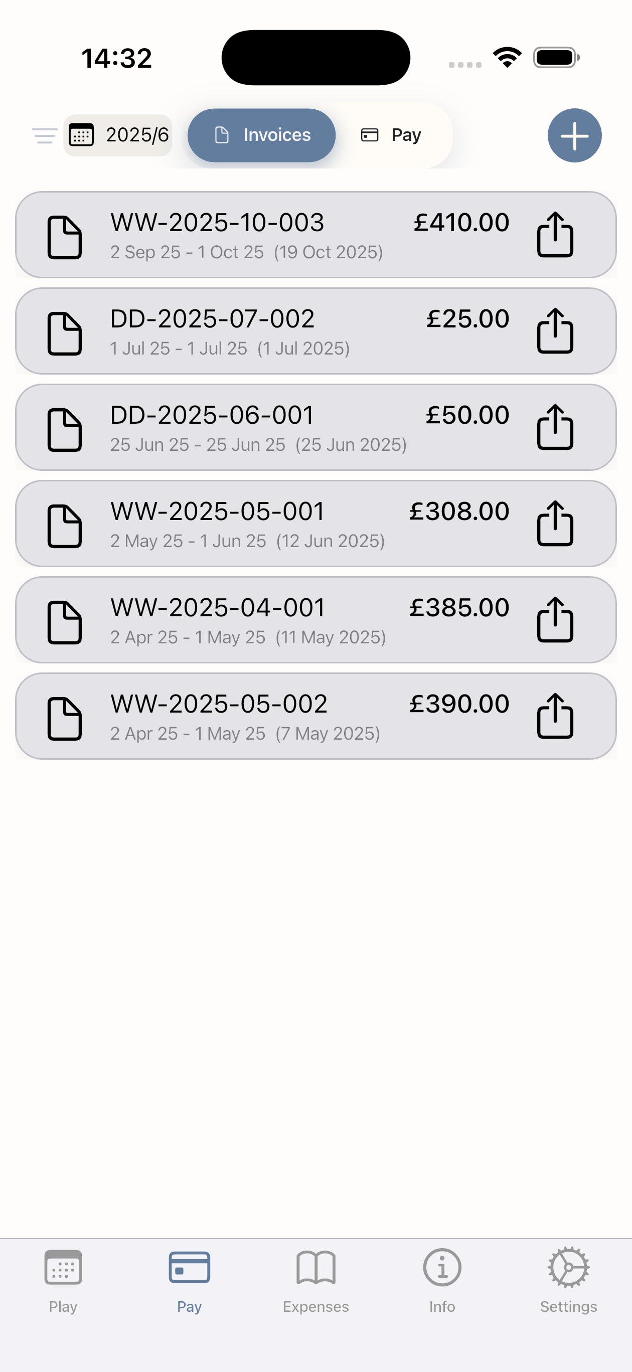 Invoices tab screenshot showing invoice creation and tracking in PlayPay.