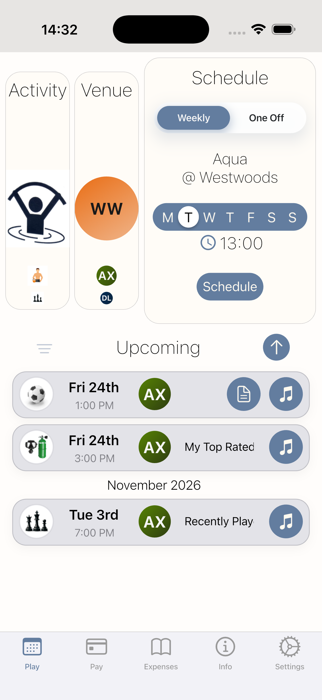Play tab screenshot showing PlayPay scheduling and session planning.