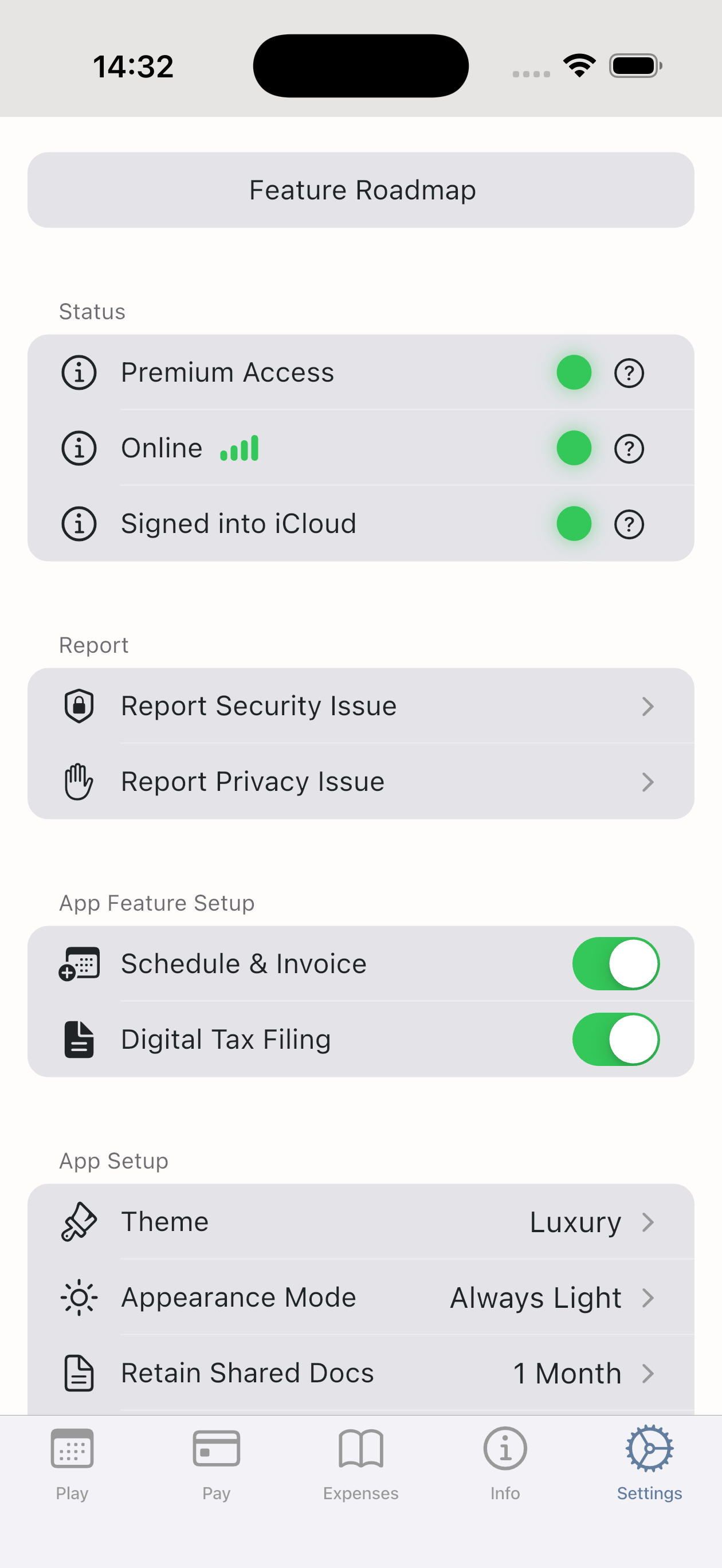 Settings tab screenshot showing PlayPay configuration, preferences, and account options.